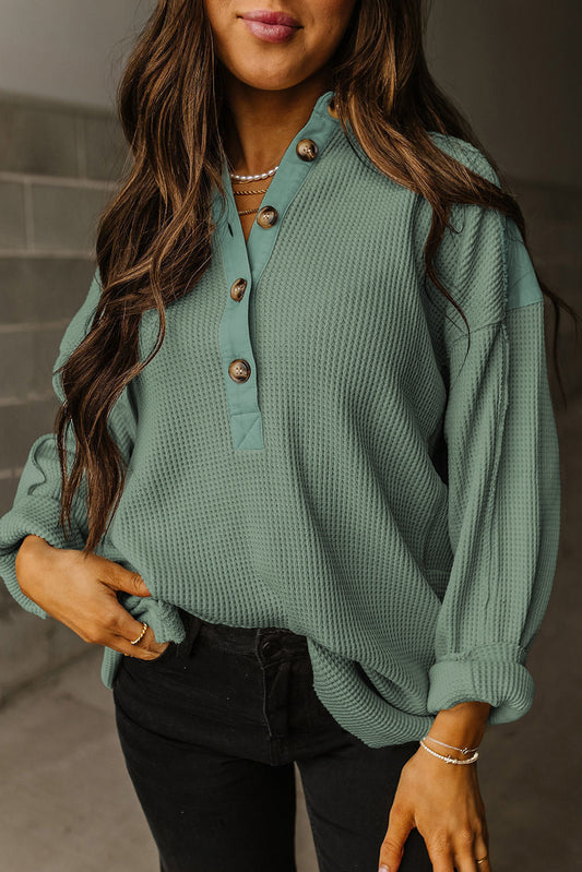 Smoke Green Waffle Long Sleeve Collar Half Button Loose Top