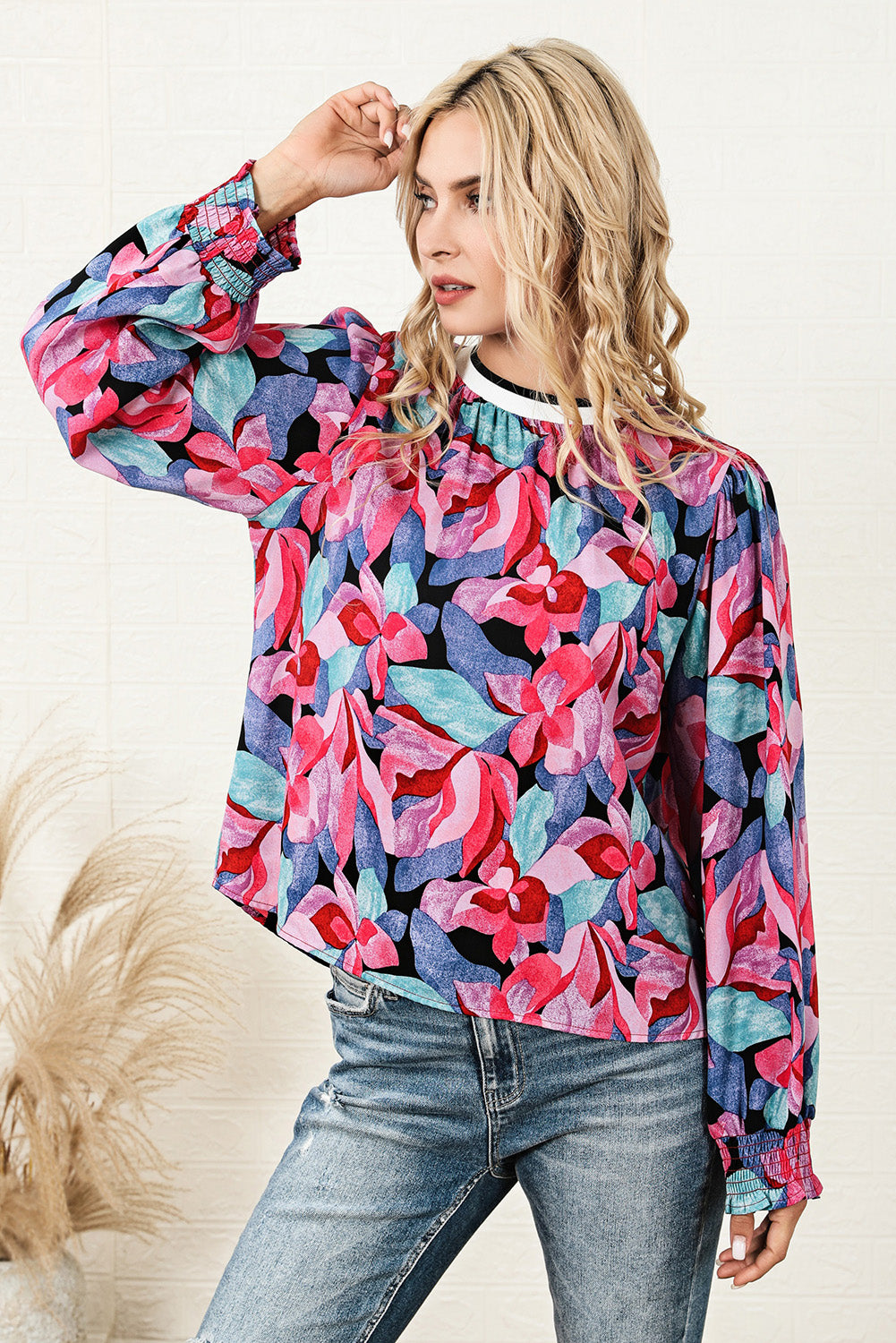 Multicolor Floral Print Ruched Sleeve Puff Sleeve Blouse