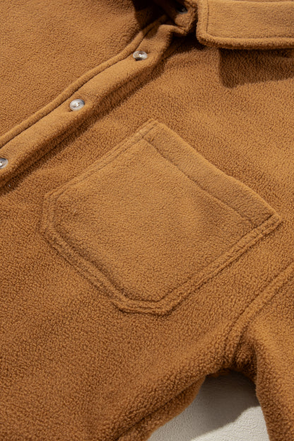 Camel Chest Pocket Button Up Fleece Shacket