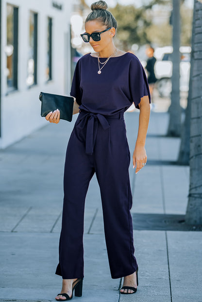 Blue Oh So Glam Belted Wide Leg Jumpsuit