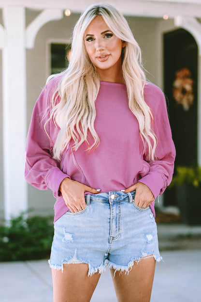 Pink Exposed Seam Round Neck Terry Pullover