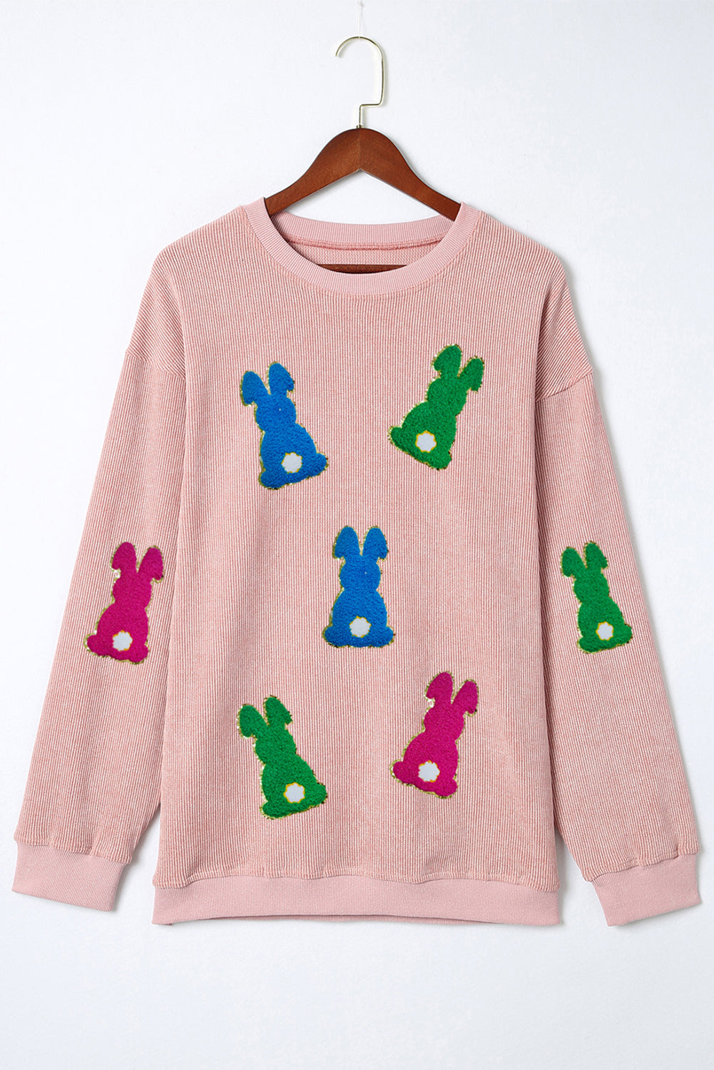 Pink Easter Rabbit Patched Pattern Corded Crewneck Sweatshirt