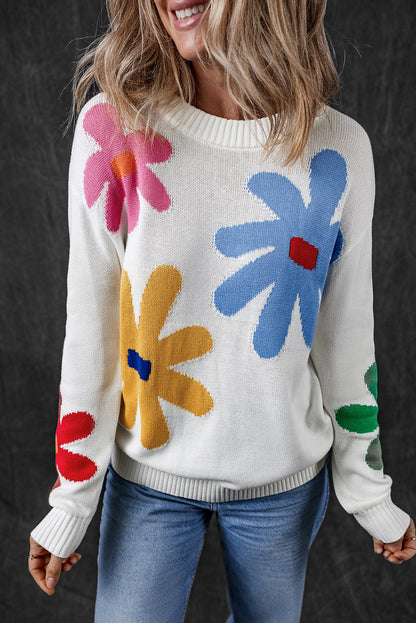 White Colorful Big Flower Pattern Crewneck Sweater