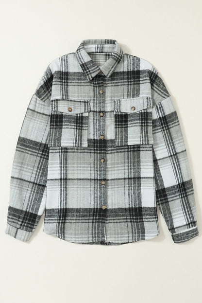 Medium Grey Plaid Flap Pockets Shacket