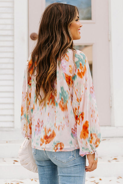 Multicolor Abstract Print Split Neck Puff Sleeve Blouse