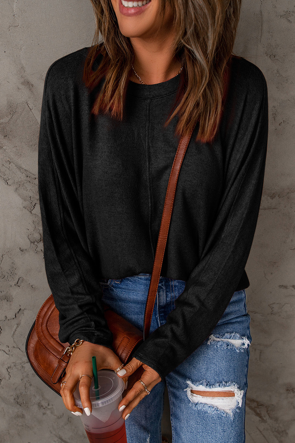 Black Solid Color Patchwork Long Sleeve Top