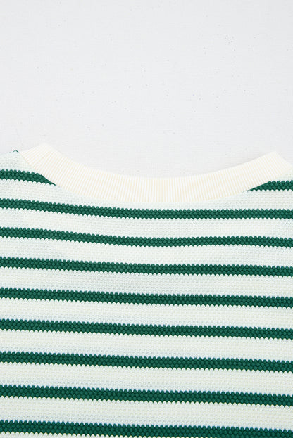 Green Stripe Scallop Lace Trim Ruffle Short Sleeves Crewneck Top