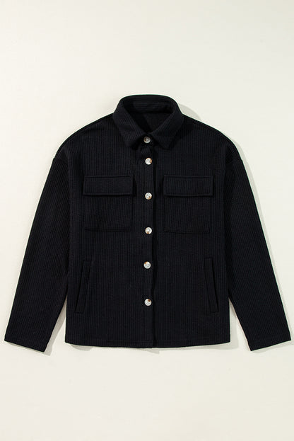 Black Solid Color Corduroy Buttoned Long Sleeve Shacket