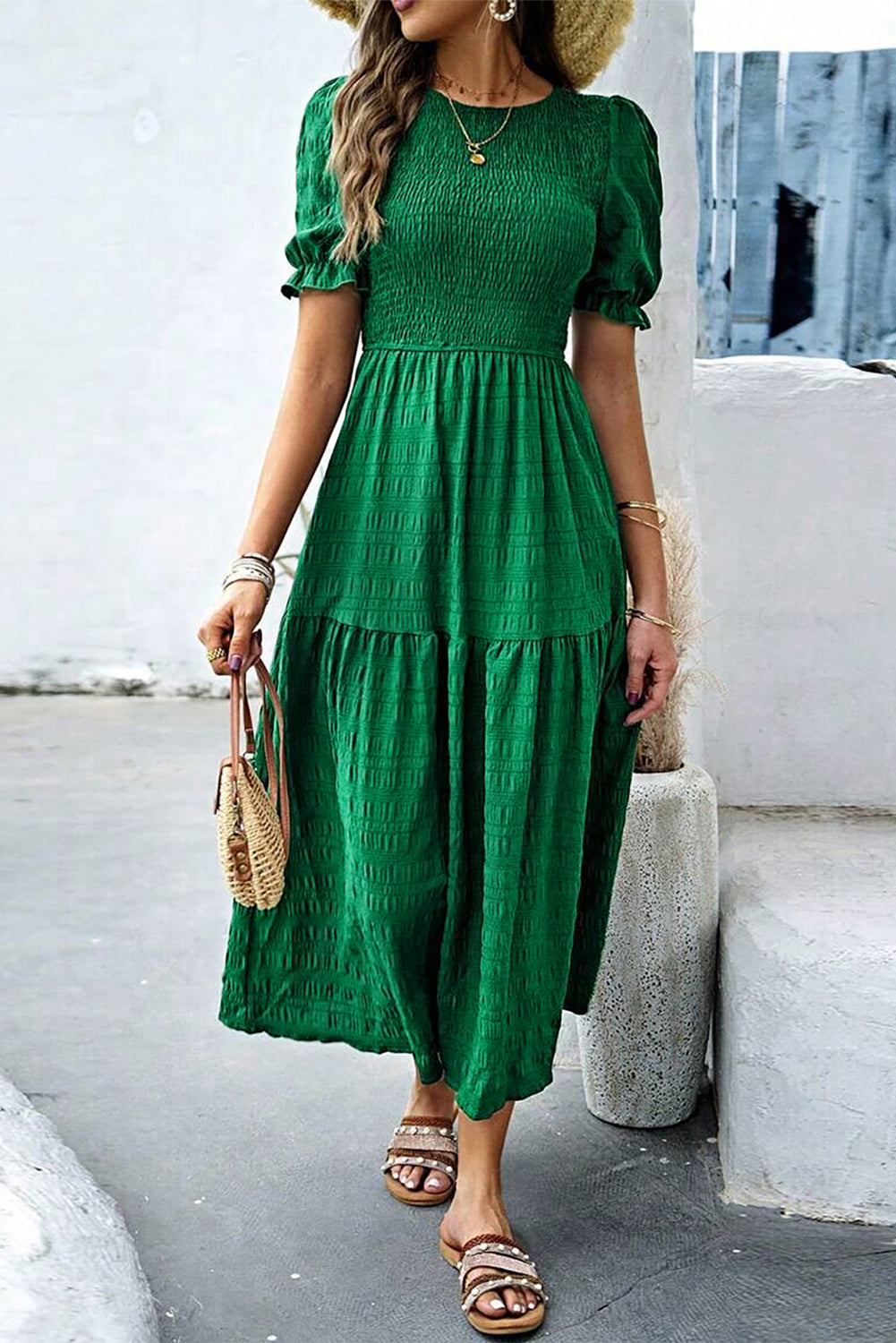 Dark Green Solid Textured Smocked Puff Short Sleeve High Waist Long Dress