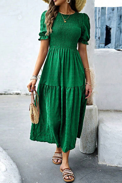 Dark Green Solid Textured Smocked Puff Short Sleeve High Waist Long Dress