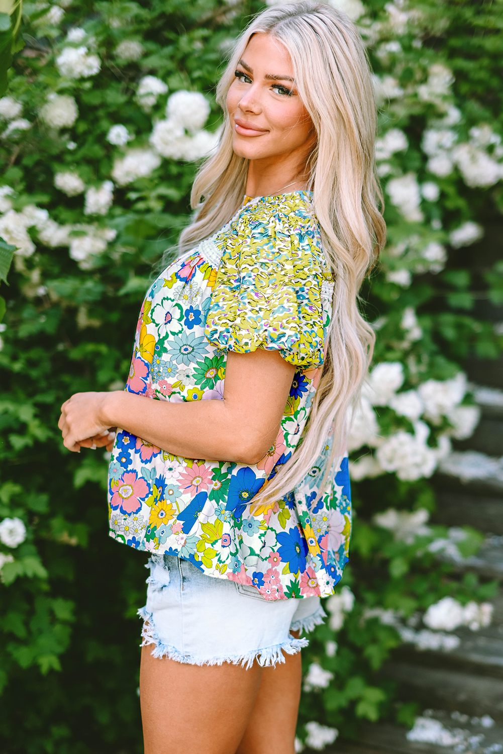 Green Bubble Sleeve Lace Trim Floral Mixed Print Blouse