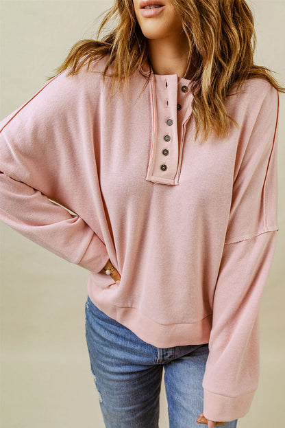 Quarter-Button Exposed Seam Dropped Shoulder Hoodie