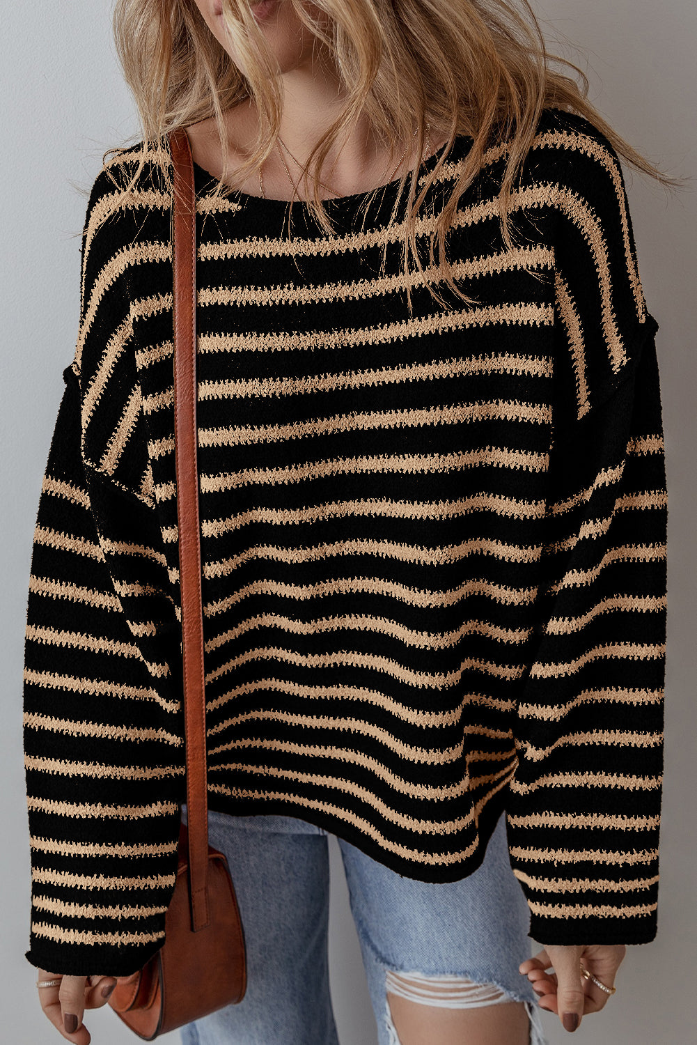 Black Stripe Drop Shoulder Round Neck Loose Sweater