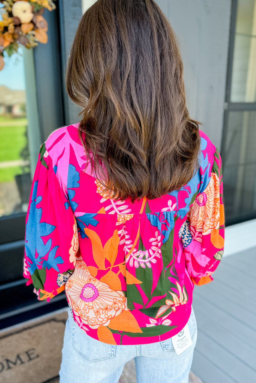 Rose Blooming Flower Print Ruffled Puff Sleeve Blouse