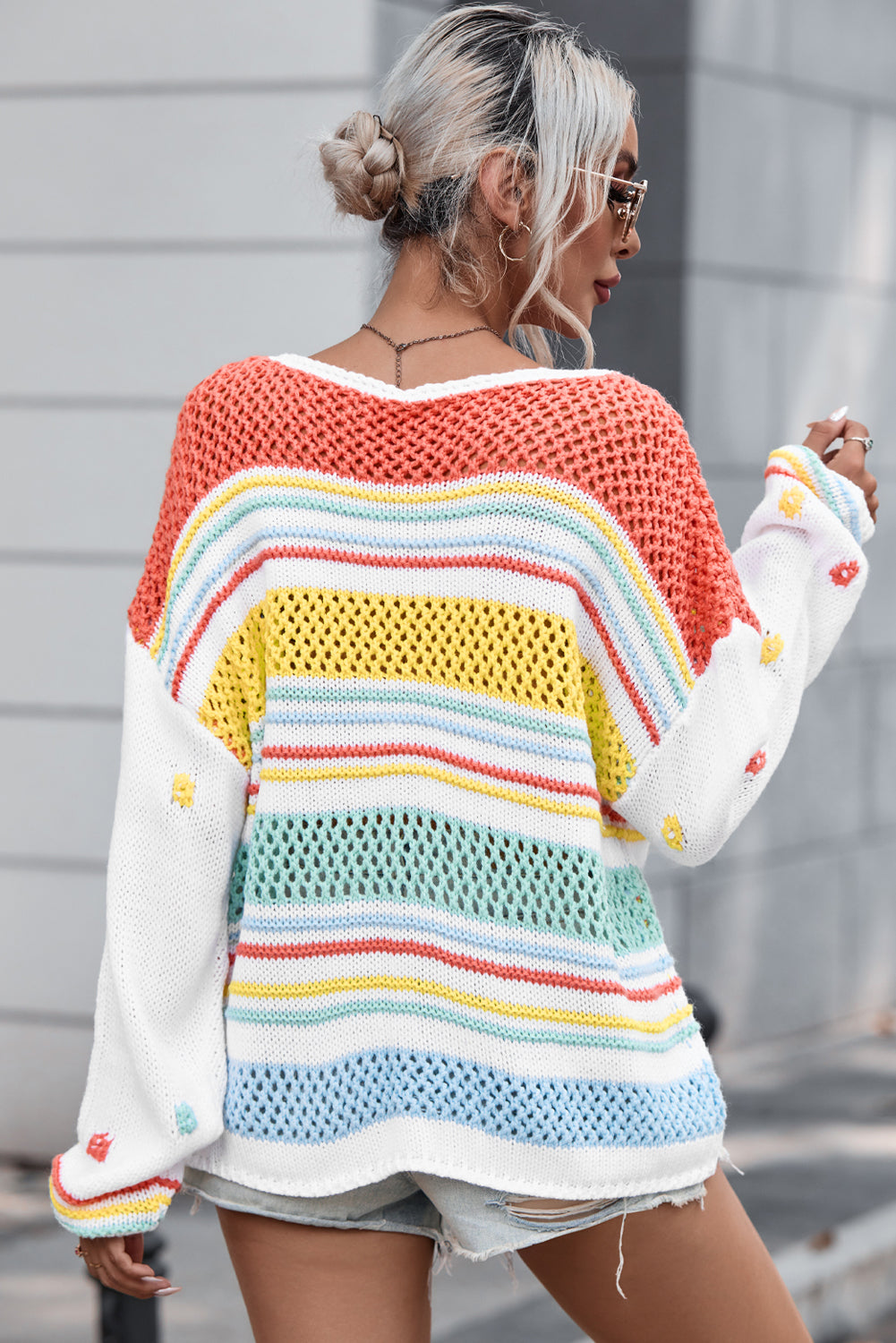 Multicolor Hollow Striped Knit Contrast Sleeve Sweater