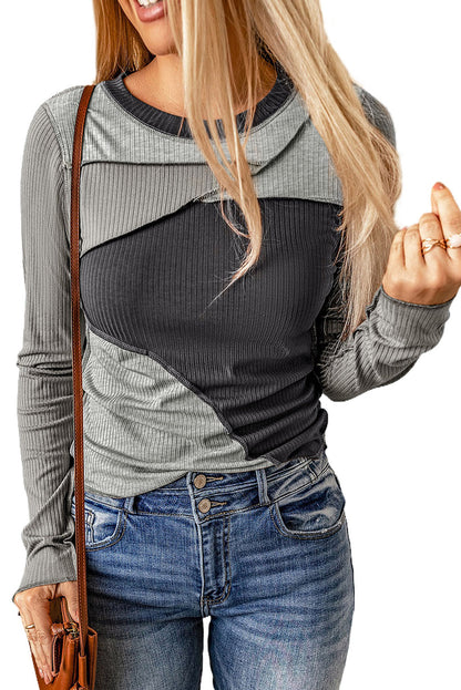 Gray Expose Seam Color Block Ribbed Knit Top