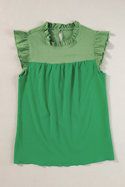 Bright Green Two Tone Ruffled Flutter Sleeve Blouse