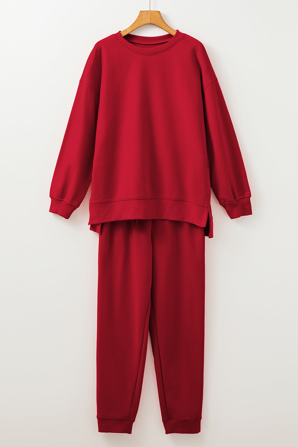 Racing Red Solid Color High Low Pullover and Skinny Pants Set