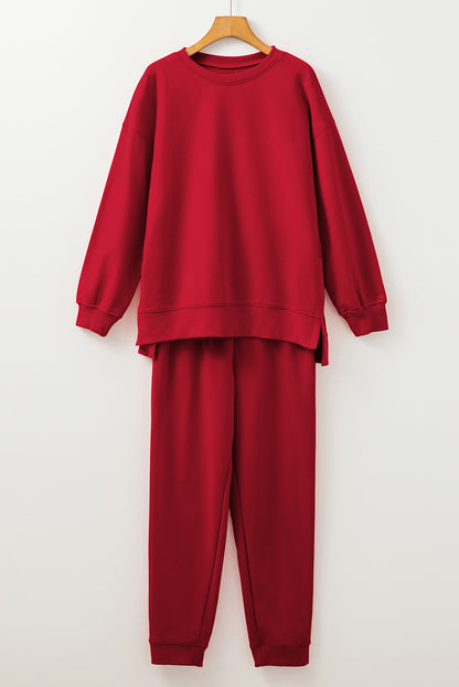 Racing Red Solid Color High Low Pullover and Skinny Pants Set