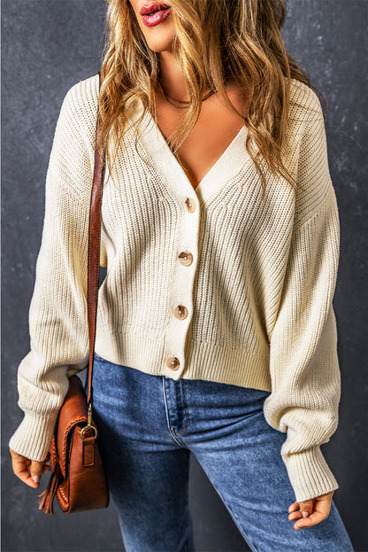 Beige Plain Knitted Buttoned V Neck Cardigan