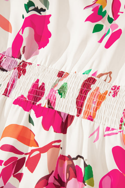 Pink Floral Print V Neck Ruffle Sleeve Plus Size Midi Dress