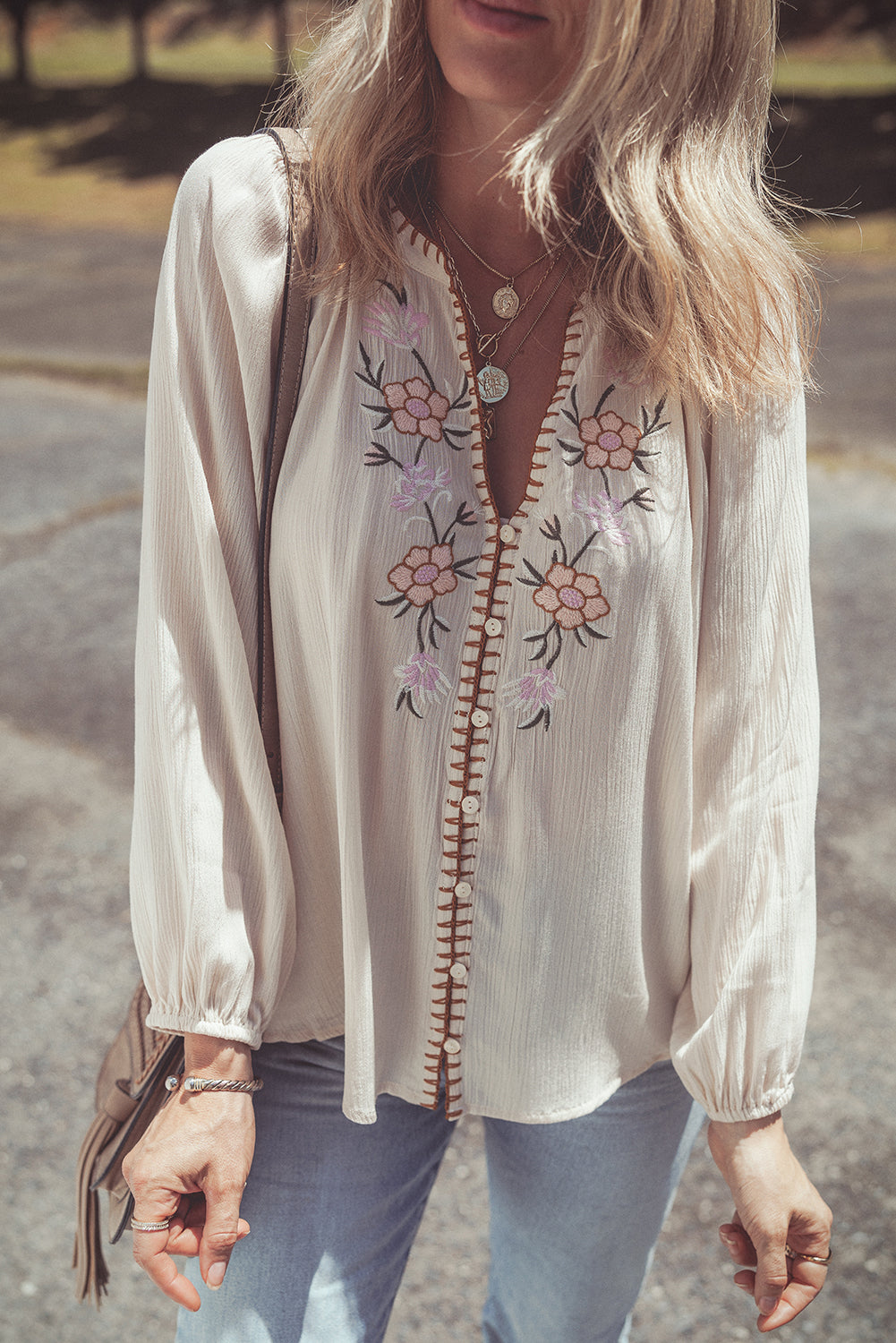 Beige Floral Embroidered Textured Puff Sleeve Loose Shirt