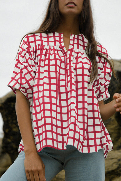 Red Stripe Plaid Button Placket Split Neck Half Sleeve Blouse