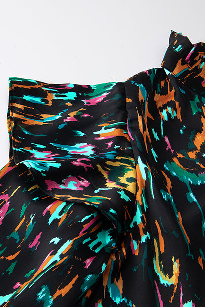 Multicolour Abstract Print 3/4 Puff Sleeve Ruffle Blouse