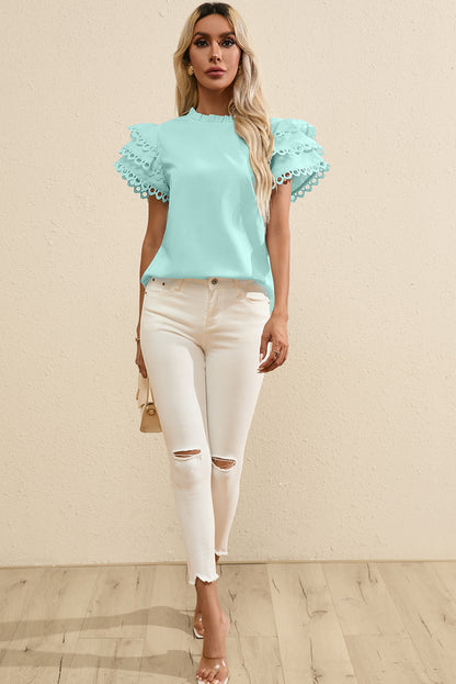 Mint Green Layered Ric Rac Cap Sleeve Frilled Neck Blouse