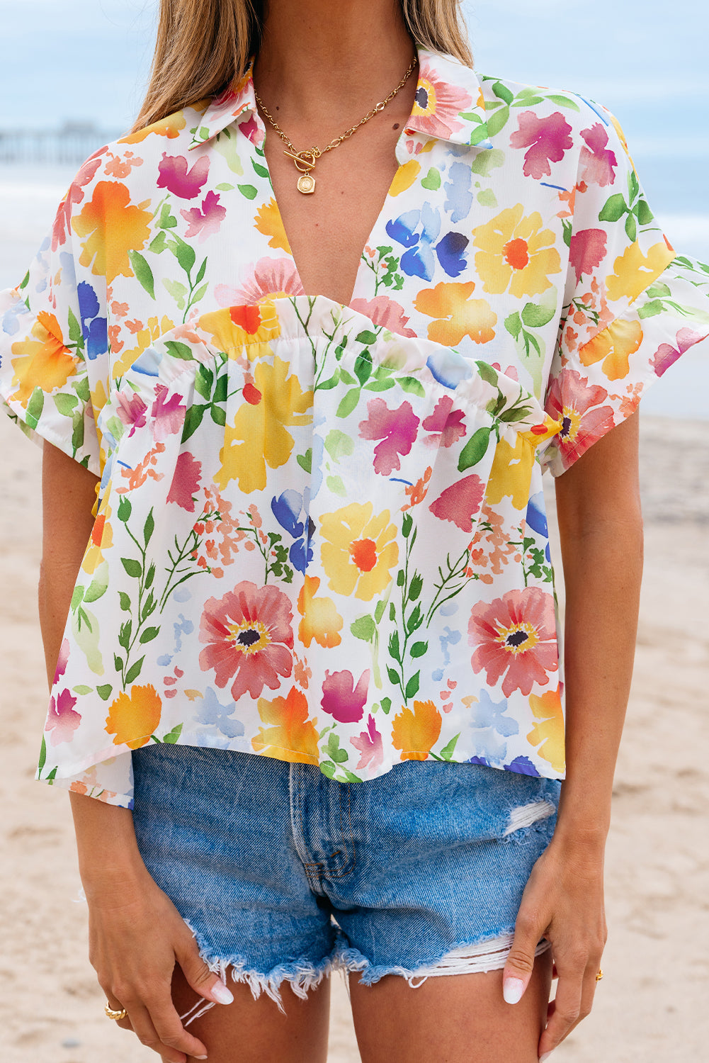 Yellow Floral Boxy Fit Ruffled Short Sleeve V Neck Blouse