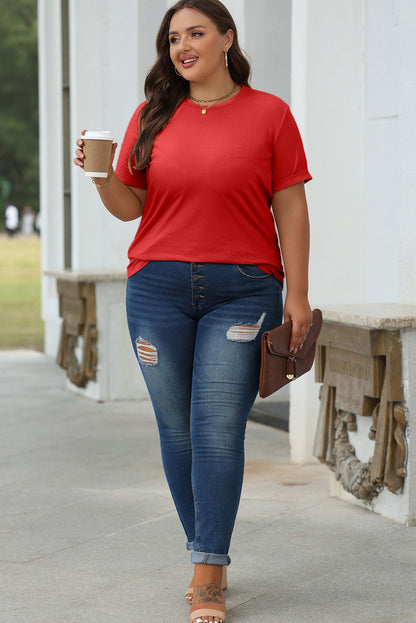 Red Casual Plain Crew Neck Tee