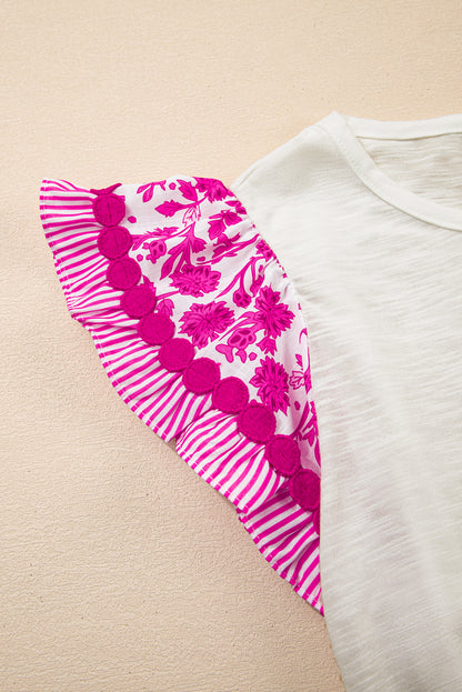 Rose Ricrac Trim Printed Flutter Sleeve Contrast Patchwork Blouse