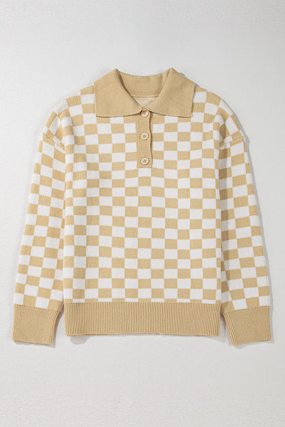 Apricot Checkered Buttons Collar V Neck Drop Shoulder Sweater