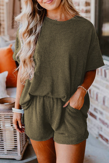 Jungle Green Ribbed Textured Knit Loose Fit Tee and Shorts Set