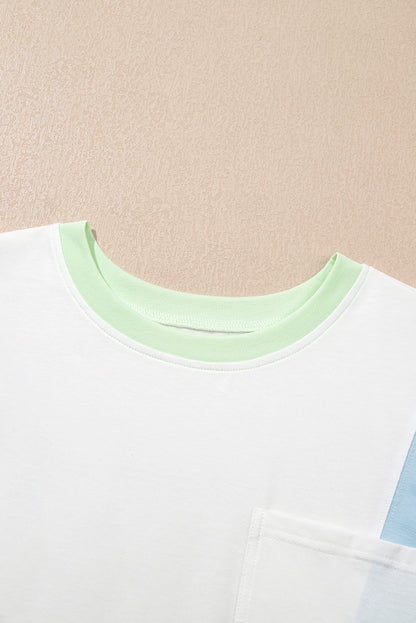 White Color Block Patchwork Half Sleeve Oversized T Shirt