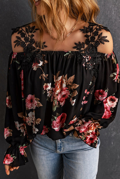 Black Floral Print Lace Patchwork Loose Cold Shoulder Blouse