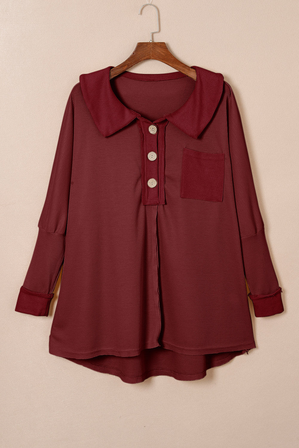 Red Waffle Knit Buttoned Long Sleeve Top