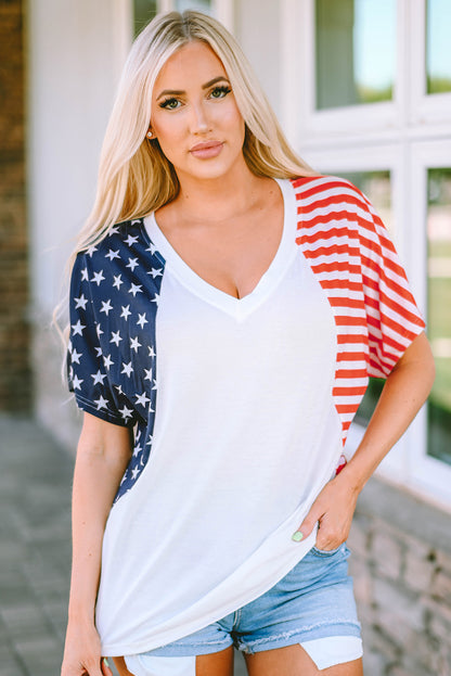 White The US Stars and Stripes V Neck Tee