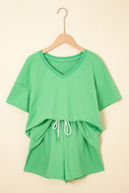Mint Green V Neck Drop Shoulder Tee and Patchwork Drawstring Shorts Set