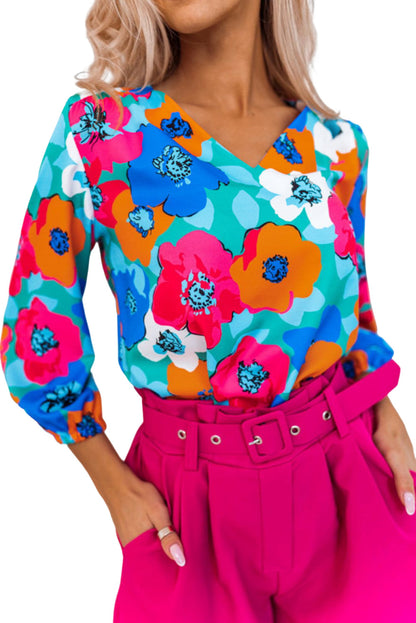 Multicolor Floral Print V Neck 3/4 Sleeve Blouse