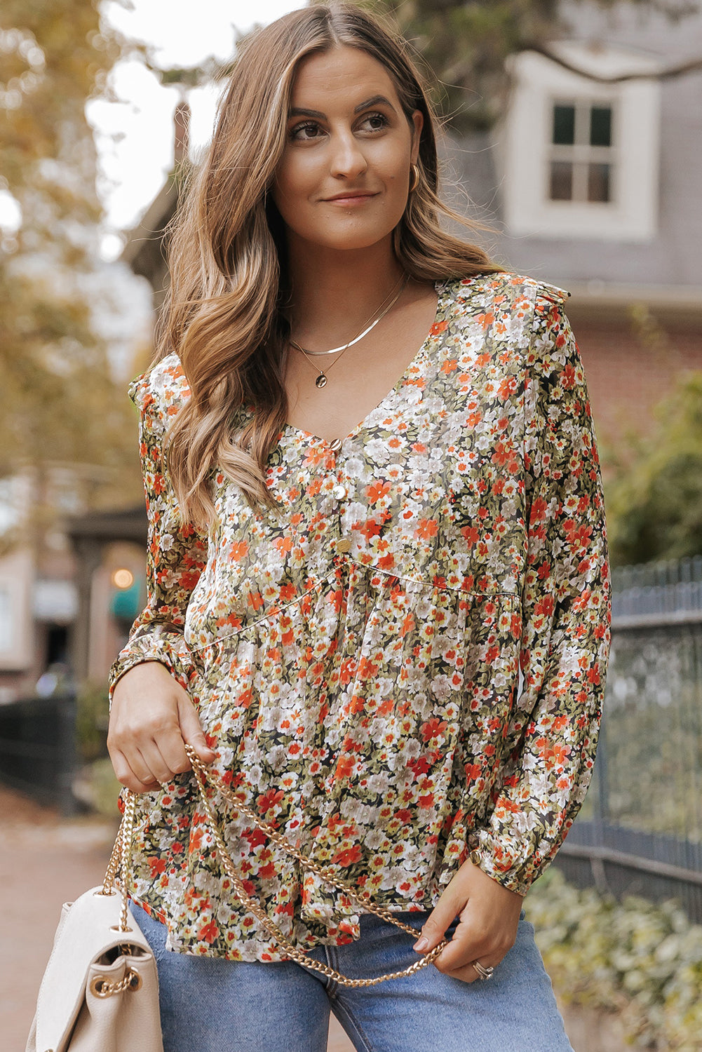 Khaki V Neck Ruffled Babydoll Floral Blouse