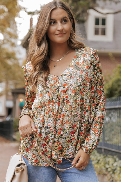 Khaki V Neck Ruffled Babydoll Floral Blouse