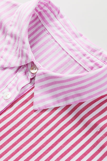 Pink Stripe Striped Patchwork Ruffled Hem Button up Shirt