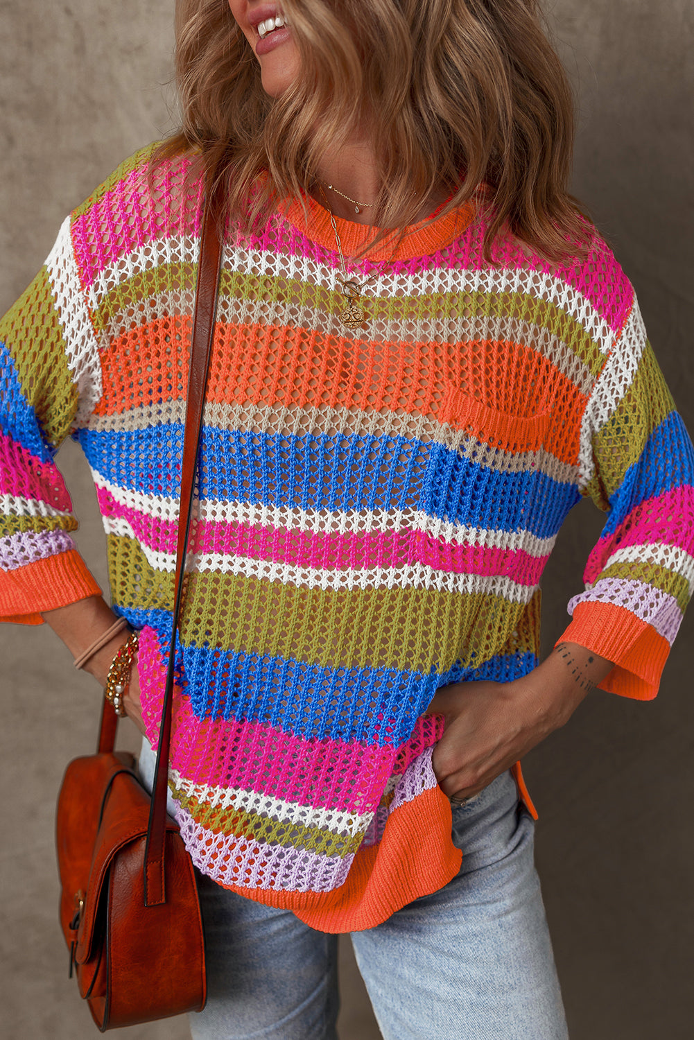 Orange Stripe Colorblock Hollowed Crochet 3/4 Sleeve Sweater