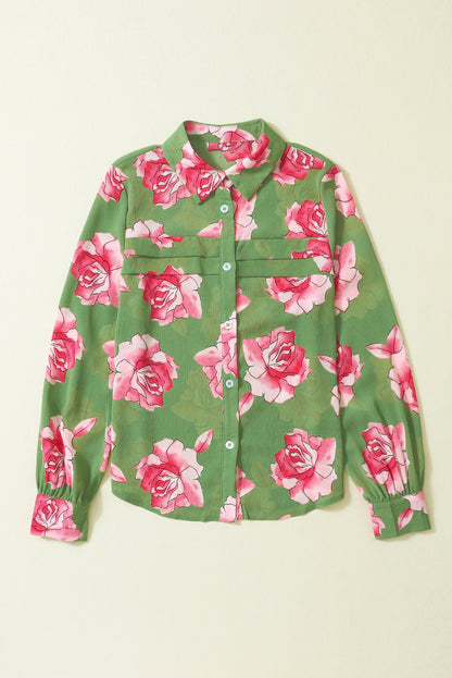 Green Floral Print Pleated Detail Puff Sleeve Shirt