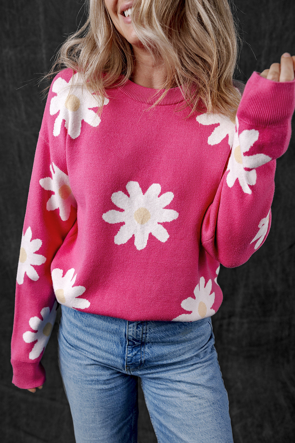 Bright Pink Daisy Flower Crew Neck Long Sleeve Sweater