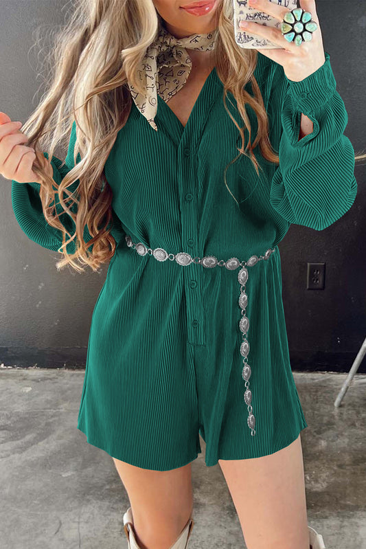 Sea Green Ribbed Long Sleeve Button Front Romper