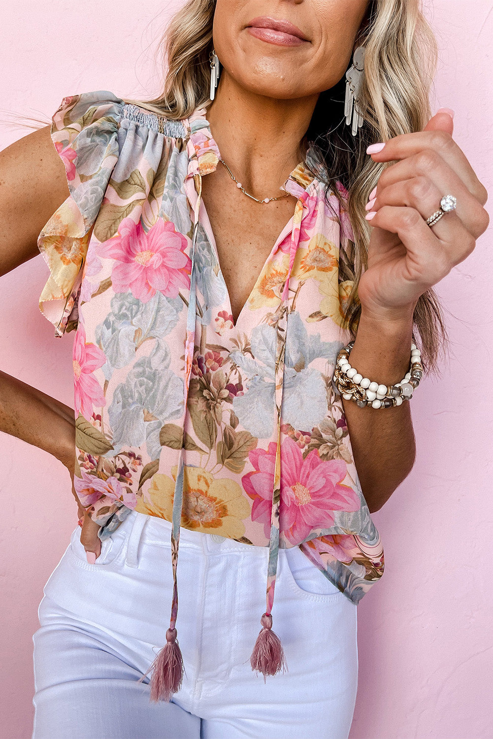 Pink Floral Print Tassel Tie Short Sleeve Blouse