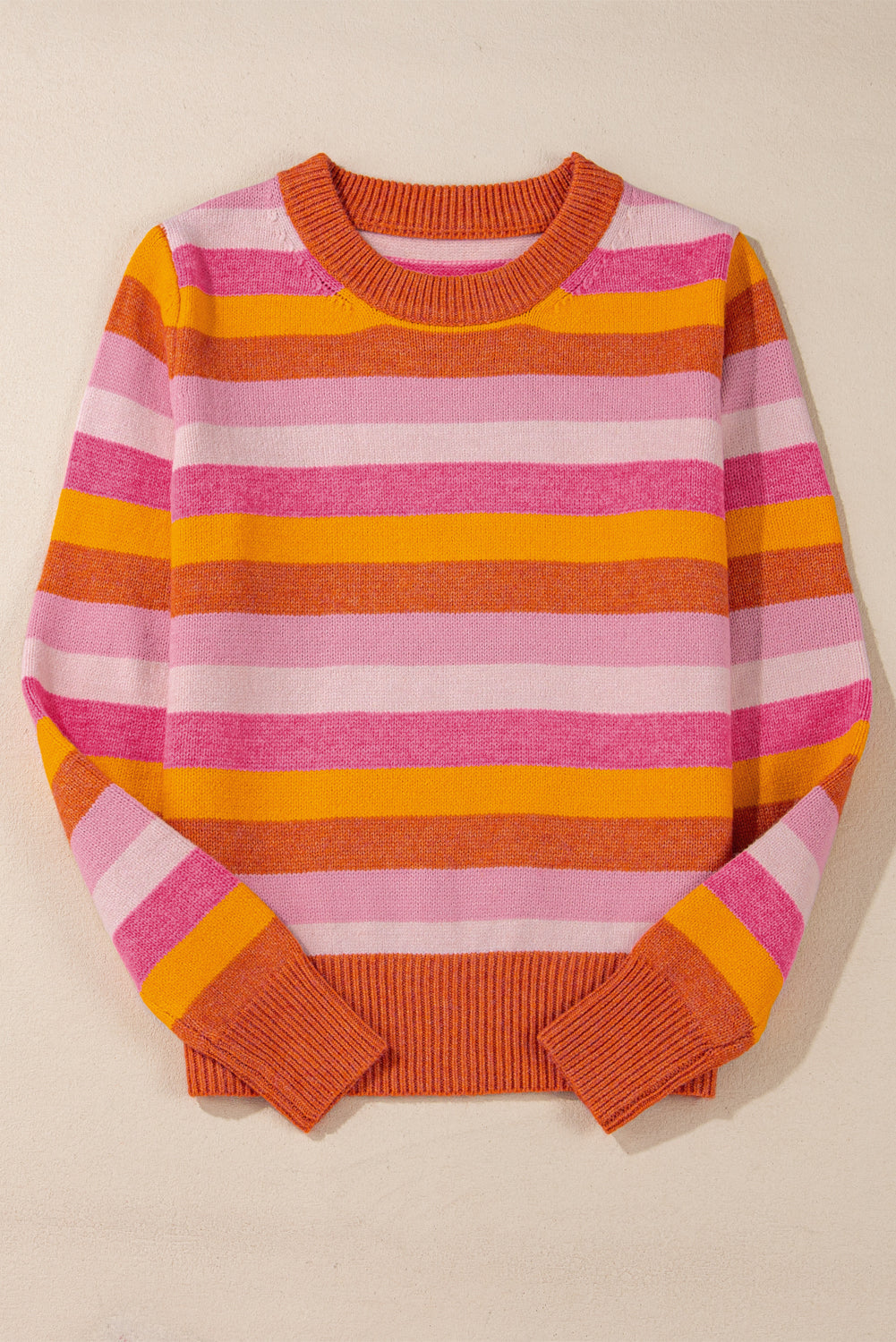 Orange Color Block Ribbed Edge Round Neck Sweater