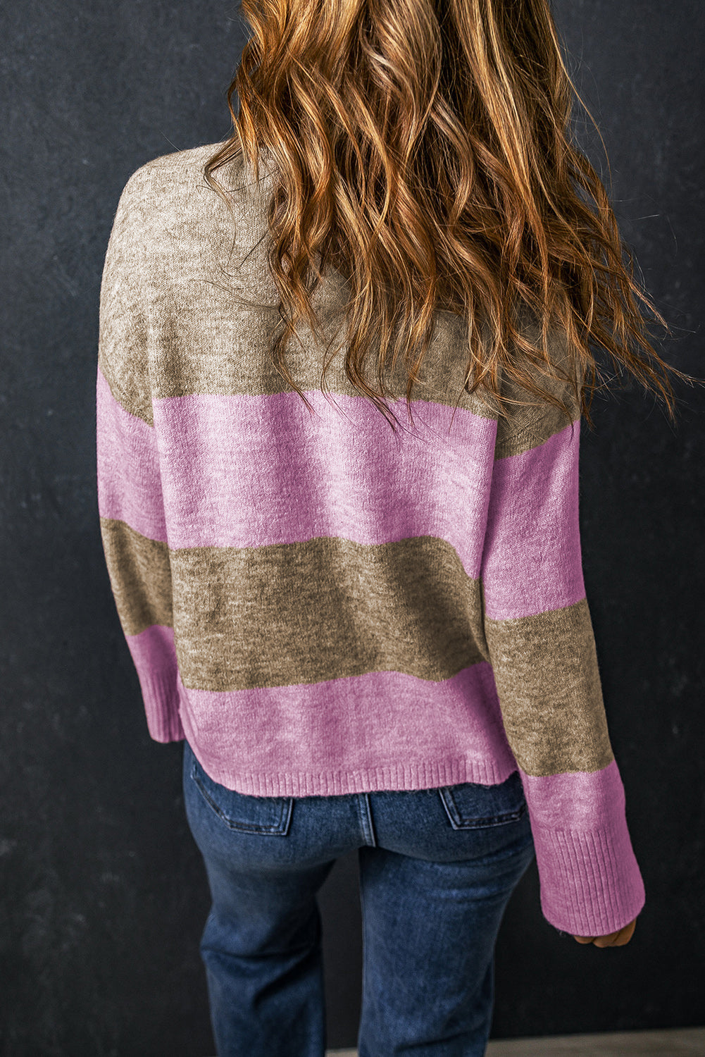 Rose Stripe Crew Neck Wide Sleeve Colorblock Sweater